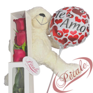 Caja 3 rosas, globo y peluche